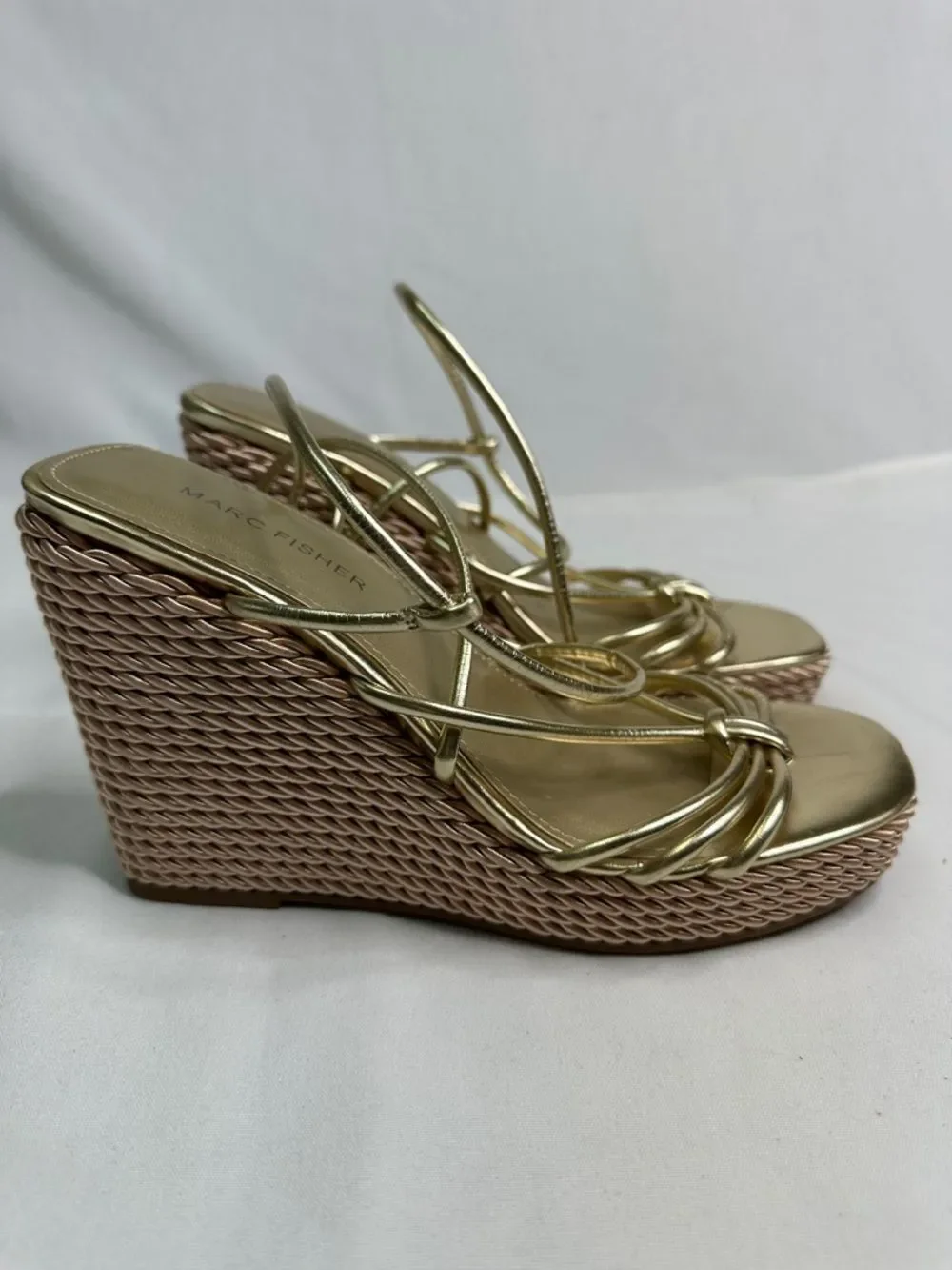 Marc Fisher Gold Metallic Strappy Wedge Sandals with Knot Detail